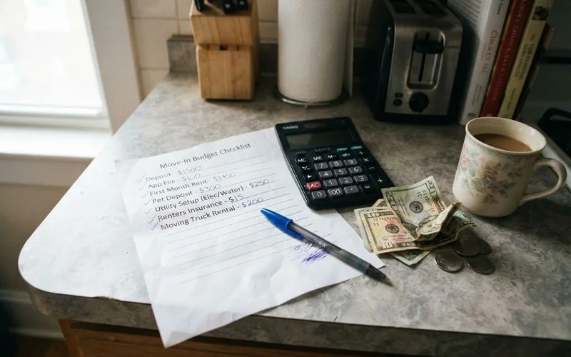 A moving checklist on a clipboard next to packed boxes and a set of apartment keys on a kitchen counter