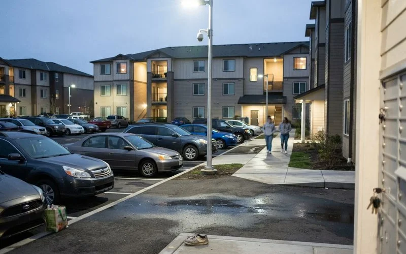 A well-lit apartment complex parking area at night with covered parking spaces and a security camera visible