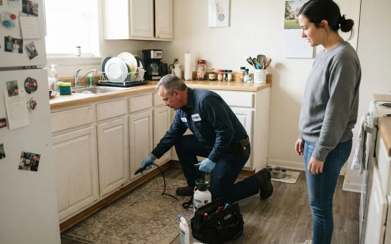 A pest control technician inspecting a kitchen area in an apartment unit as part of a scheduled treatment visit