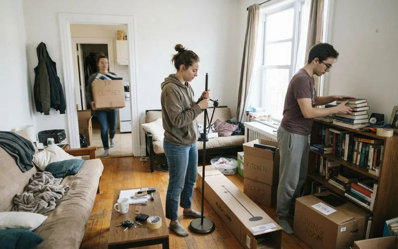 A group of college students moving furniture into a shared apartment near a Dallas university campus