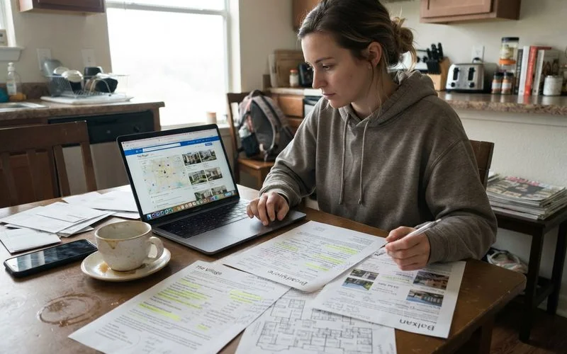 A leasing office desk with a laptop, floor plan brochures, and a calculator used to compare Dallas apartment rent quotes