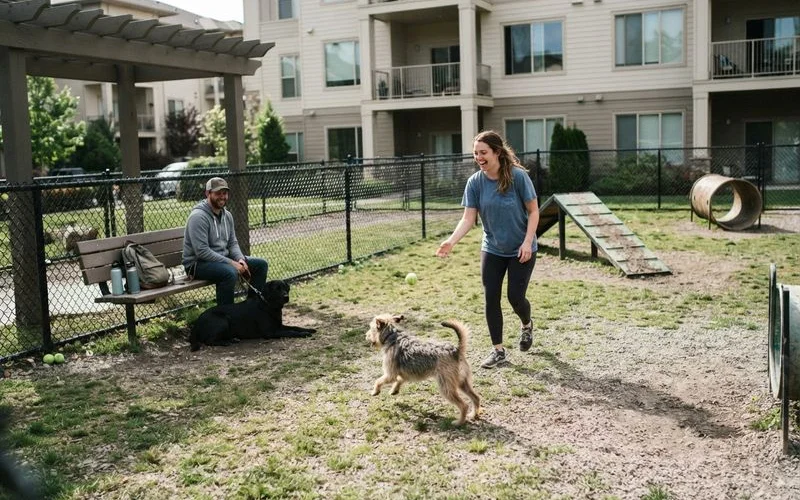 A small dog on a leash walking through a fenced apartment complex dog park with agility equipment in the background