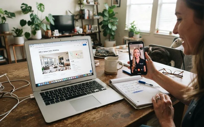 A person video-calling a leasing agent on a laptop while researching apartment options for a relocation to Dallas